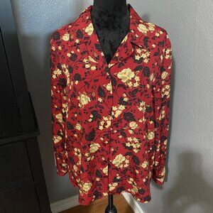 Liz Baker Petite Blouse Womens Size 12P Floral Burgundy Button-Up Grannycore